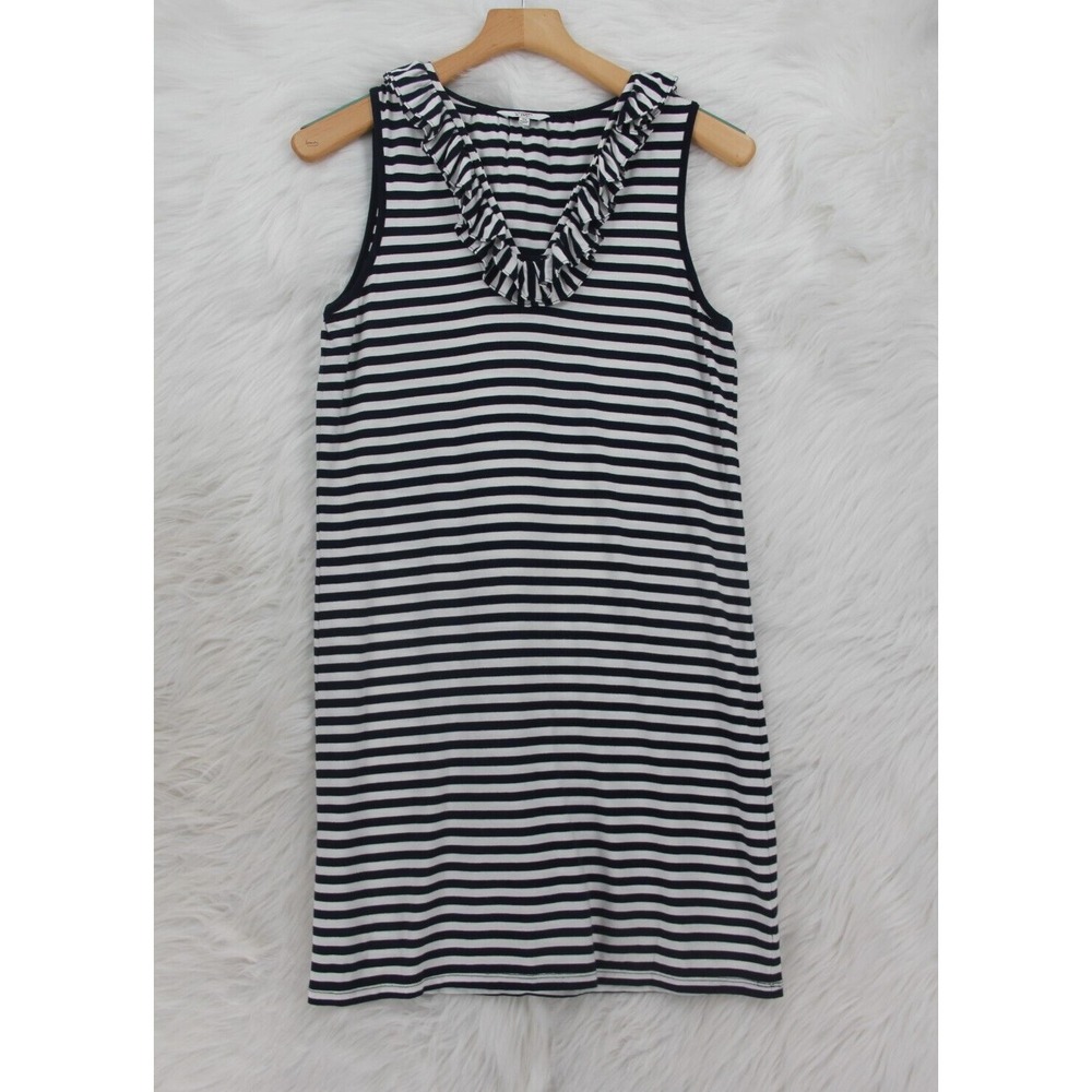 Crown & Ivy Women's Navy Blue White Stripe Ruffle Shift Sleeveless Dress XS 1252